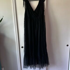 SHEIN Black Tie Shoulder Mesh Dot Dress